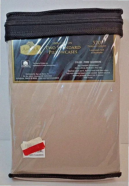Aprima 100% Cotton 520 Thread Count TWO Standard Pillowcases Pure Cashmere NEW