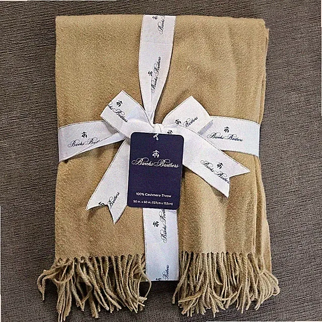 Brooks Brothers Cashmere Throw Woven Blanket Tasseled Camel Tan; NWT