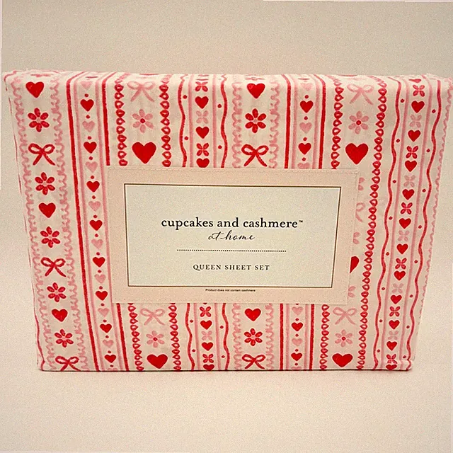 Cupcakes and Cashmere Queen Sheet Set Pink Red Hearts Bows Floral Stripe 4 Piece