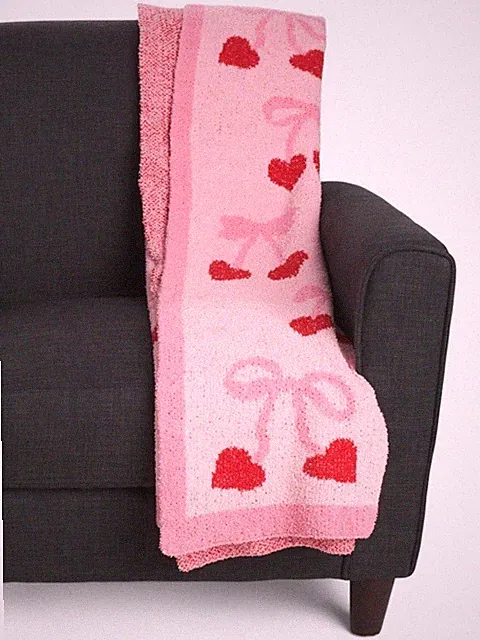 CUPCAKES AND CASHMERE Red Cherry Hearts Pink Bows Feather Yarn Throw Soft Cozy