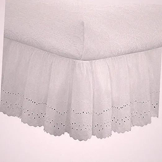 Eyelet Bed Skirt, Ruffled Design, 18 Inch Drop, Embroidered Queen White