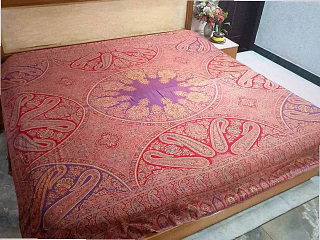 Handmade Bedding Kashmiri Jacquard Design 100% Cashmere Bedspread Reversible