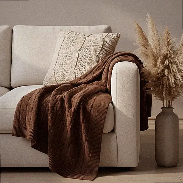 Luxurious 100% Cashmere Chocolate Cable Knit Throw Blanket - Ultra-Soft Comfort