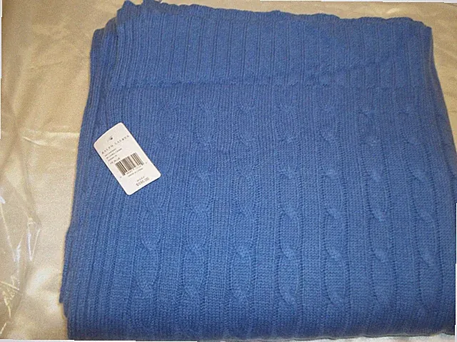 Polo Ralph Lauren Cable Knit Blue Cashmere Throw Blanket 60x60 New w/Tags $595