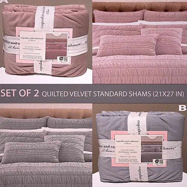 SET OF 2 New Cupcakes & Cashmere Quilted Velvet Standard Shams Dusty Pink / Gray