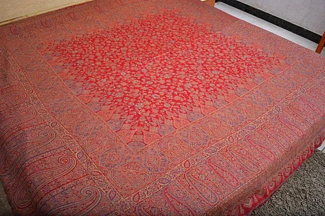 Unique Jamavar Bedspread 100% Cashmere Handmade Woven Paisley Bedding Red